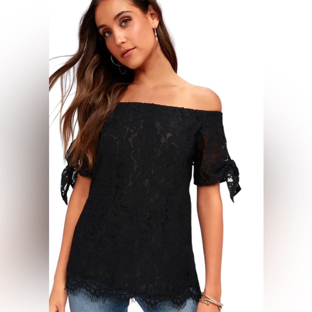 Lulu's Black Off-Shoulder Lace Tie-Sleeve Top